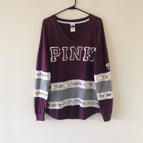 PINK Victoria's Secret Tops - Victoria’s Secret PINK Y2K Sequin Oversized Ling Sleeved V Neck Top